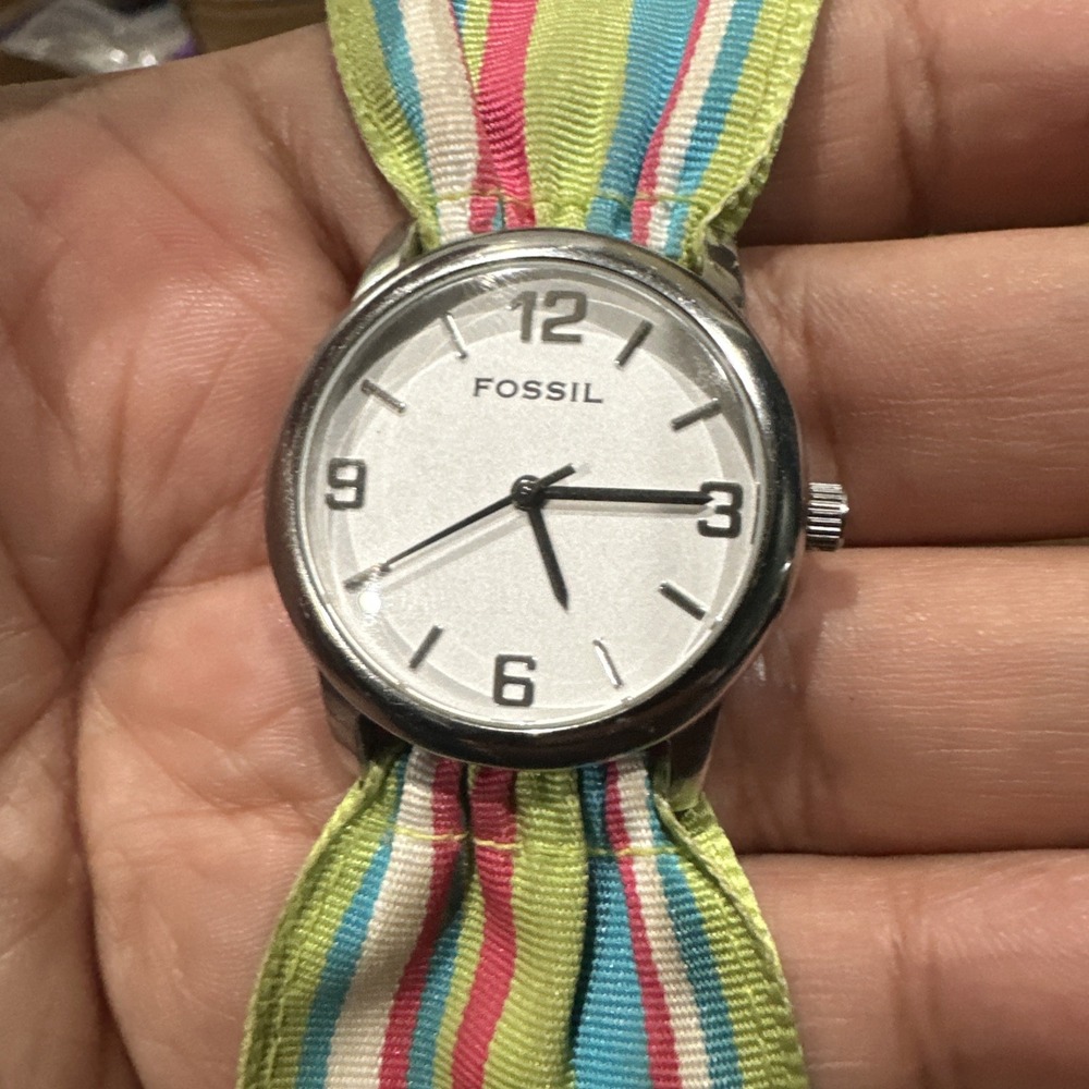 Working Fossil Womens Watch JR8646 Silver Tone Case W/Multi Colored Band 32mm